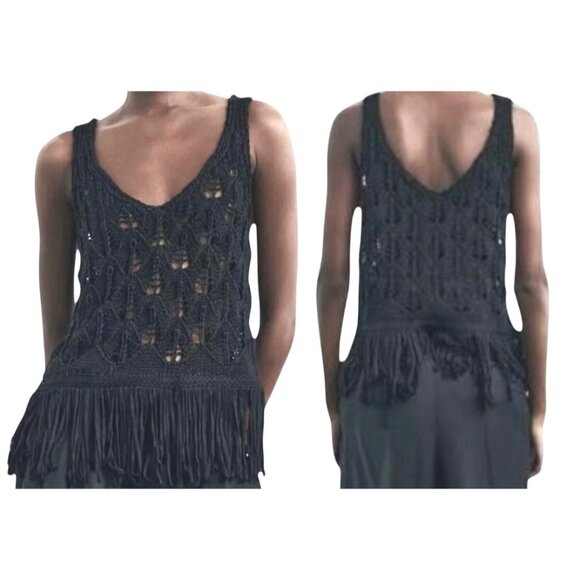 Zara Black Boho Open Weave Knit Crochet Fringe Tank Top Small - Picture 1 of 16